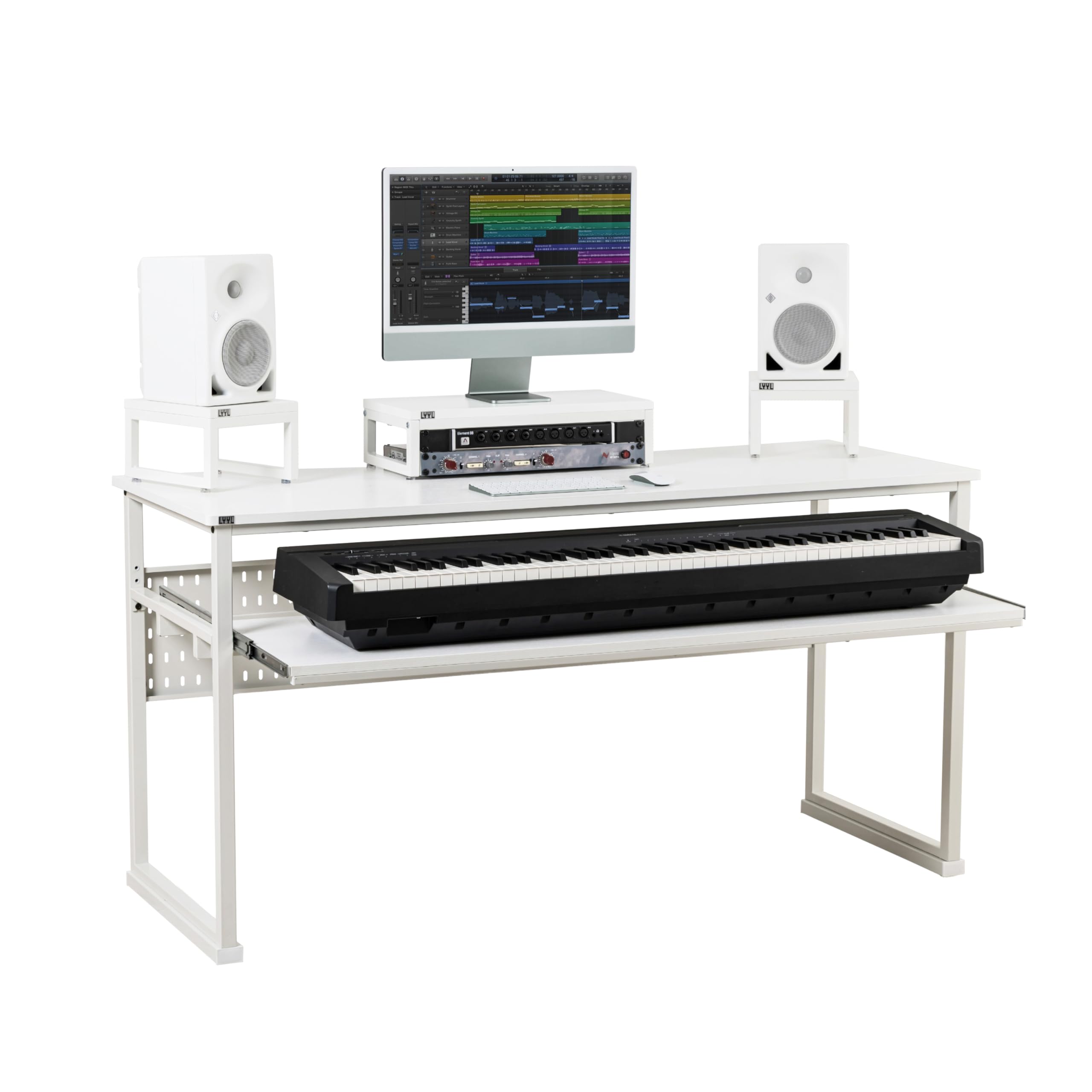 LYYL Music Studio Desk with Keyboard Tray and Height Adjustment Bracket, for Full 88 Keys (Music Producer Desk)(White, 88 Keys)