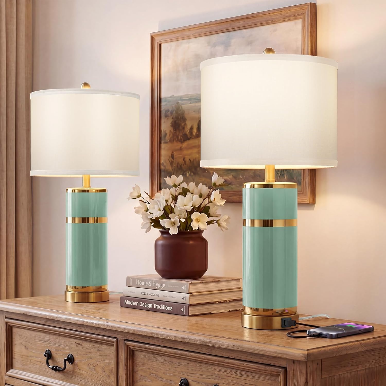 28" Ceramic Table Lamps Set of 2 - Gold-Plated Bedside Lamps for Bedroom