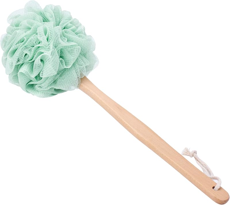 Bucha para banho Arswin com cabo longo de madeira e esponja de malha de nylon, verde