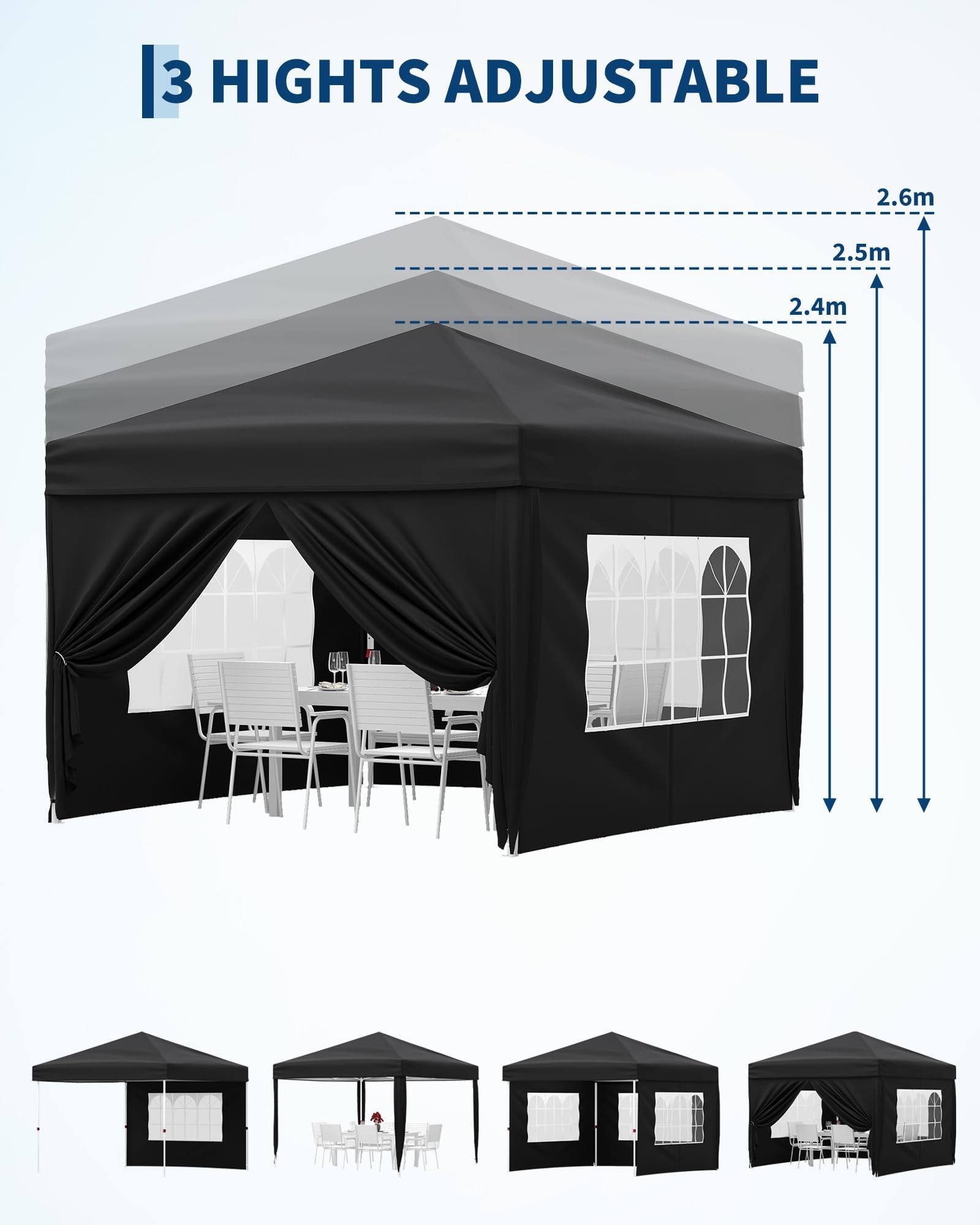 Pavillon Pliant 3x3 m Étanche avec 4 Parois, Hauteur Réglable, Noir