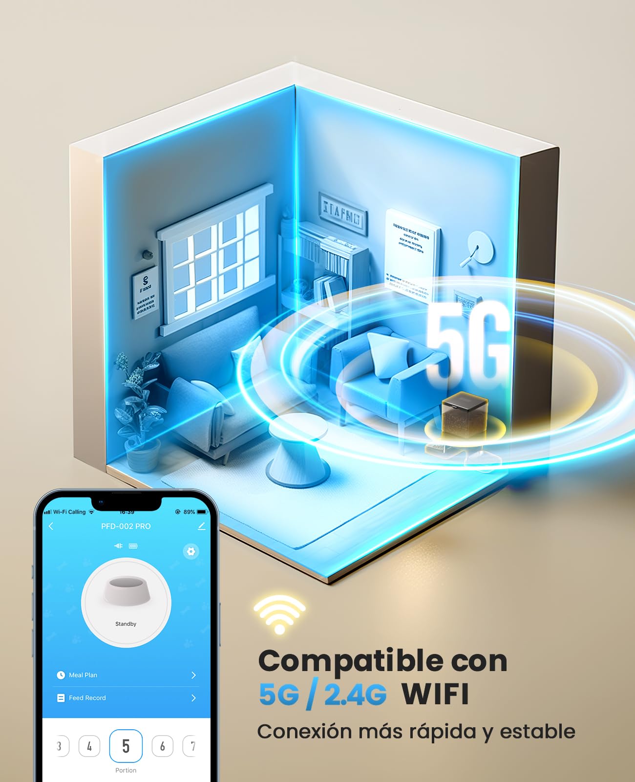 oneisall 5L Comedero Automático Gato 2 Tazones, 5G/2.4G WiFi Máquina de Comida Inteligente para Gatos/Perros, fácil Operación con Control App, con 2 Tazones de Acero Inoxidable, Grabadora de Voz