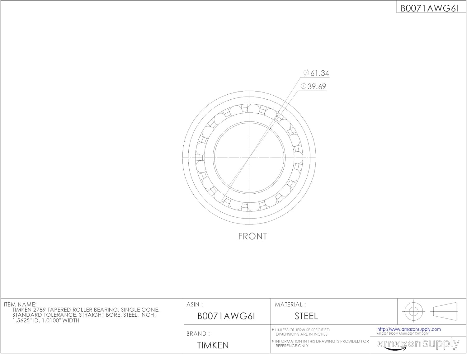 Timken 2789 Tapered Roller Bearing, Single Cone, Standard Tolerance, Straight Bore, Steel, Inch, 1.5625" ID, 1.0100" Width