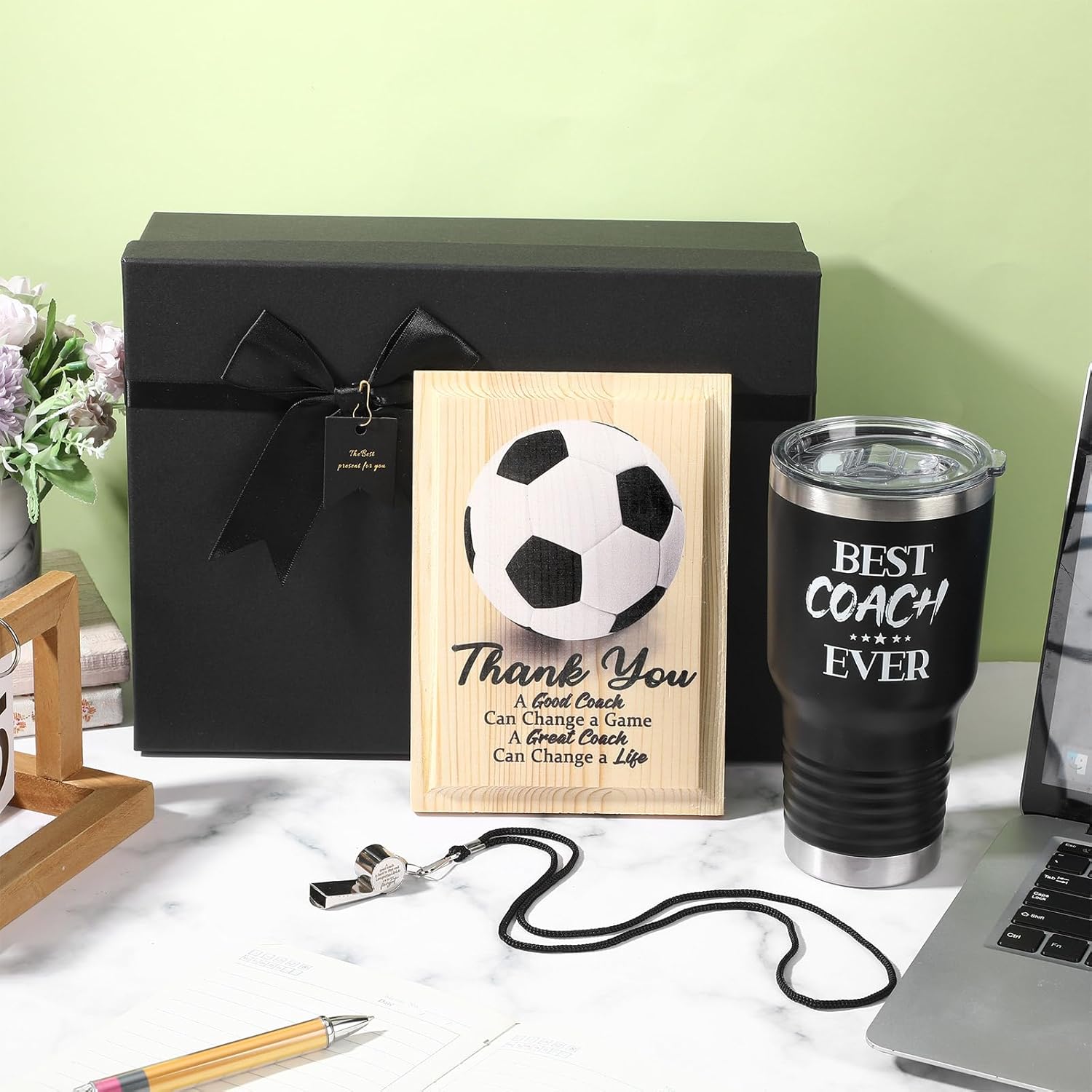 4 Pcs Coach Gifts Best Coach Ever, 30 oz Insulated Travel Tumbler with Whistle Plaque Gift Box Stainless Steel Mug Appreciation Gift Soccer Rugby Basketball(Soocer) - Image 4