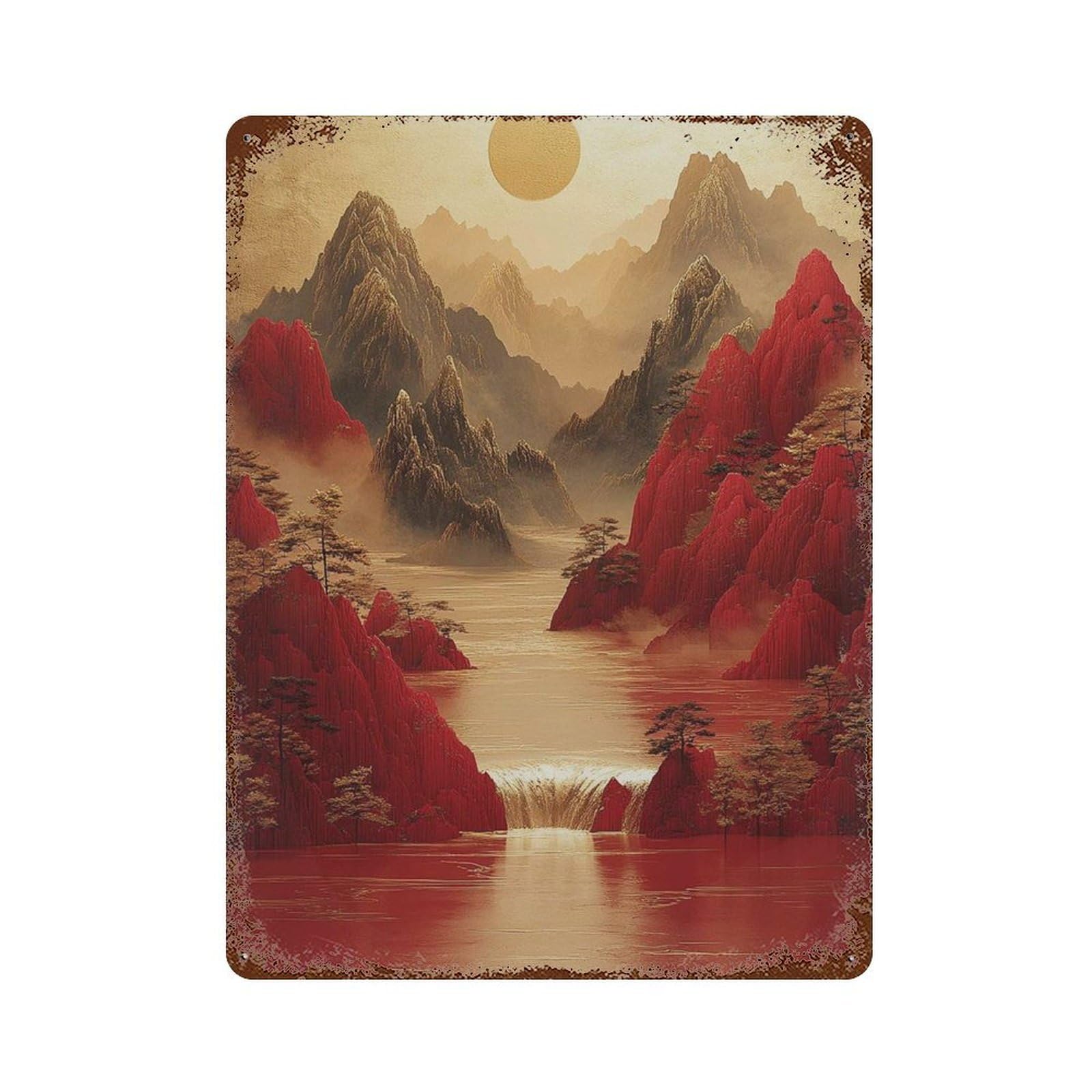 xiaoxiaoshen Red Mountain Waterfall – Golden Sun Asian Landscape Tranquil And Gold Nature Sce Wall Decor Art Metal Tin Poster Modern Home Decor Art Home Bar Shop Decorations Vintage Sign 40x30cm