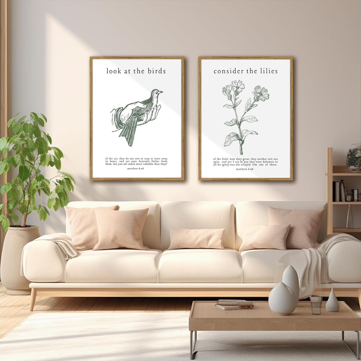 Framed Christian Wall Art Set – Matthew 6:26 “Look at the Birds” & “Consider the Lilies” Catholic Scripture Prints – Inspirational Bible Verse Wall Decor for Home, Church, Bedroom, Living Room12x16 Inches