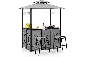 Tangkula Outdoor Bar Set with Grill Gazebo & Glass Bar Table