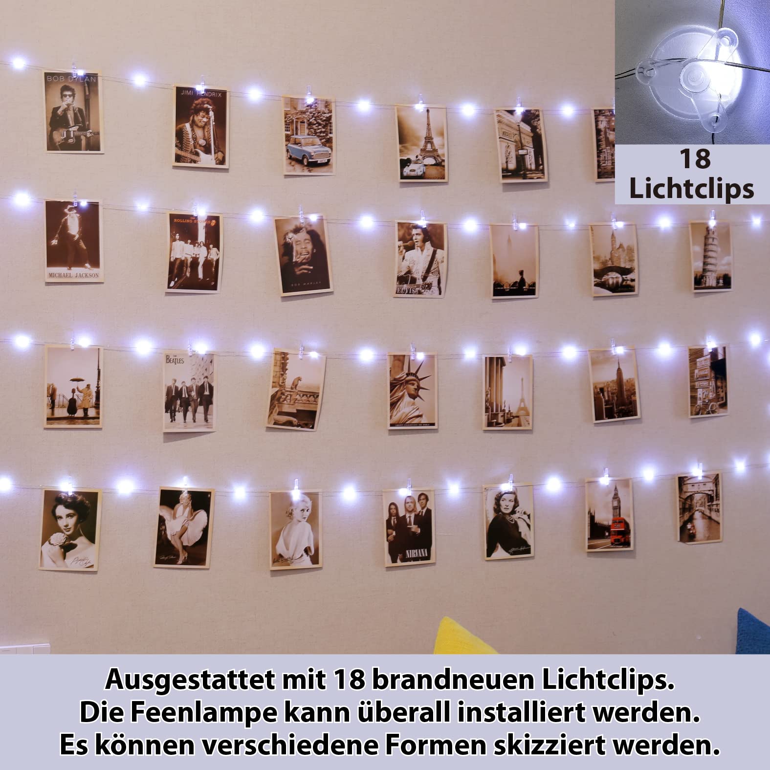 Guirlande Lumineuse Photos 12M 120 LEDs Blanc Chaud + 60 Clips – Idéale Pour Accrocher Photos, Chambre, Mariage, Noël, Fête
