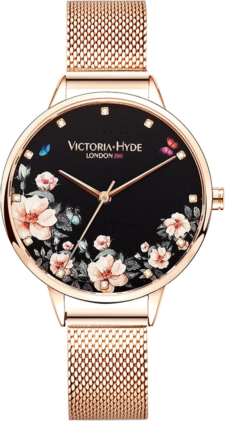 VICTORIA HYDEQuartz Watches for Women Floral Dial with Stainless Steel Mesh Band Genuine Leather Strap Waterproof Ladies Wristwatch