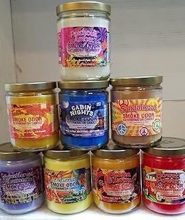Smoke Odor Exterminator 13 oz Jar Candles Patchouli Amber Assorted, (8) Includes Patchouli Amber, Lavender, Fallâ€™N Leaves, Peace & Love, Flower Power, Cabin Nights, Eufloria & Sandalwood.