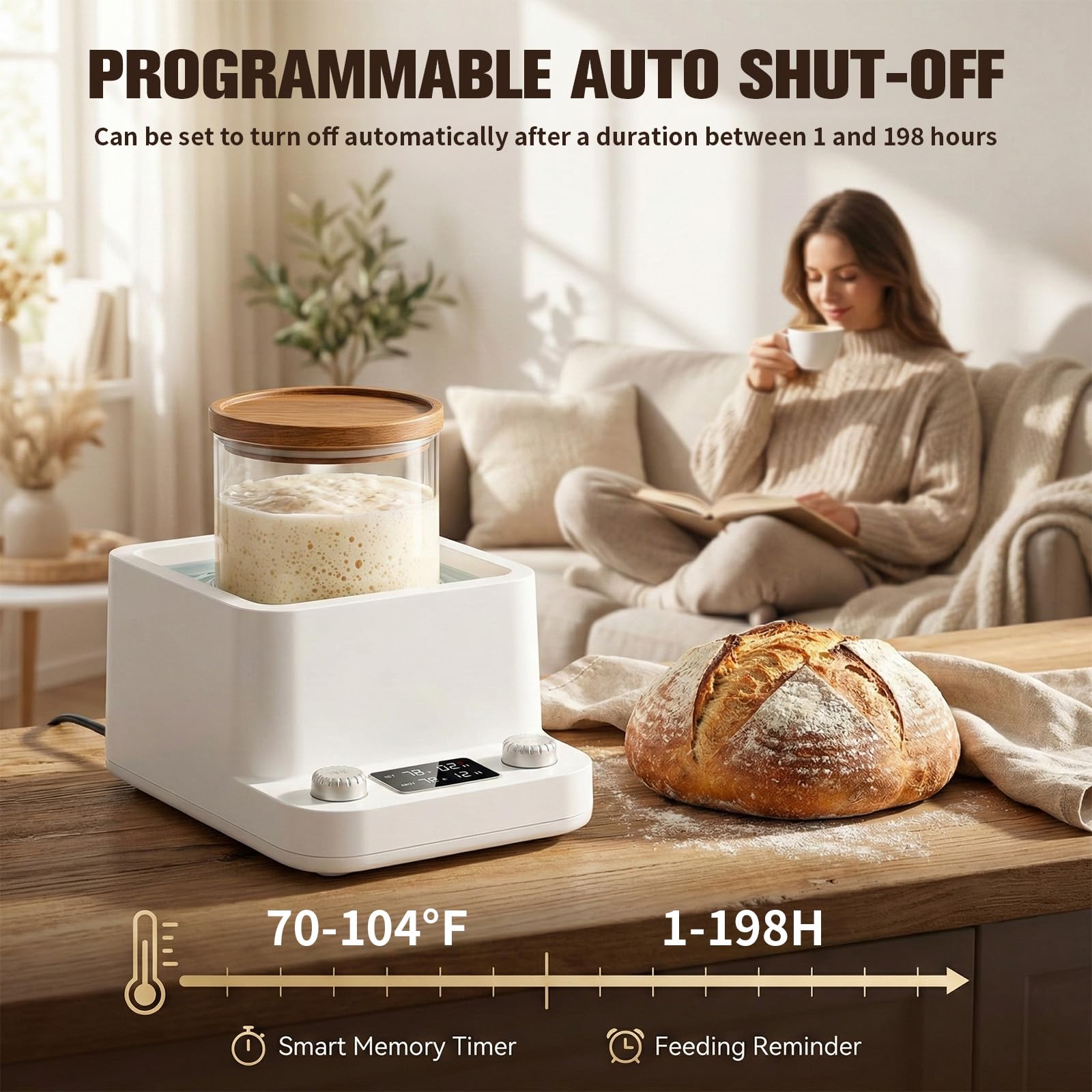 Chauffe-levain - Chauffe-pâte à pain précis avec thermostat (70-104 °F) - Réglage de la température - Minuterie 198 h - Chauffe-levain au bain-marie - Pour pain, yaourt, bière et kombucha