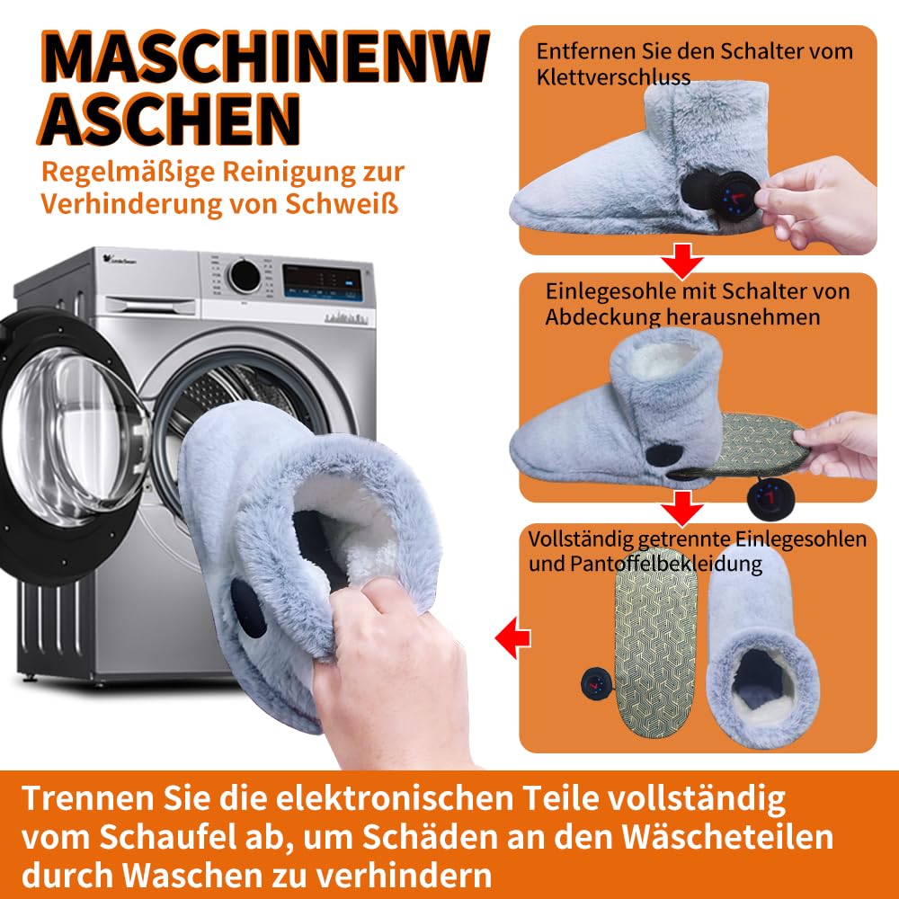 Wiederaufladbarer Fußwärmer für kalte Füße, Graphen beheizte Stiefel für Damen, 4-8 Stunden Wärme, Waschbar & Abnehmbar, Elektrisch beheizte Pantoffeln，Beheizbare Hausschuhe Indoor (grau)