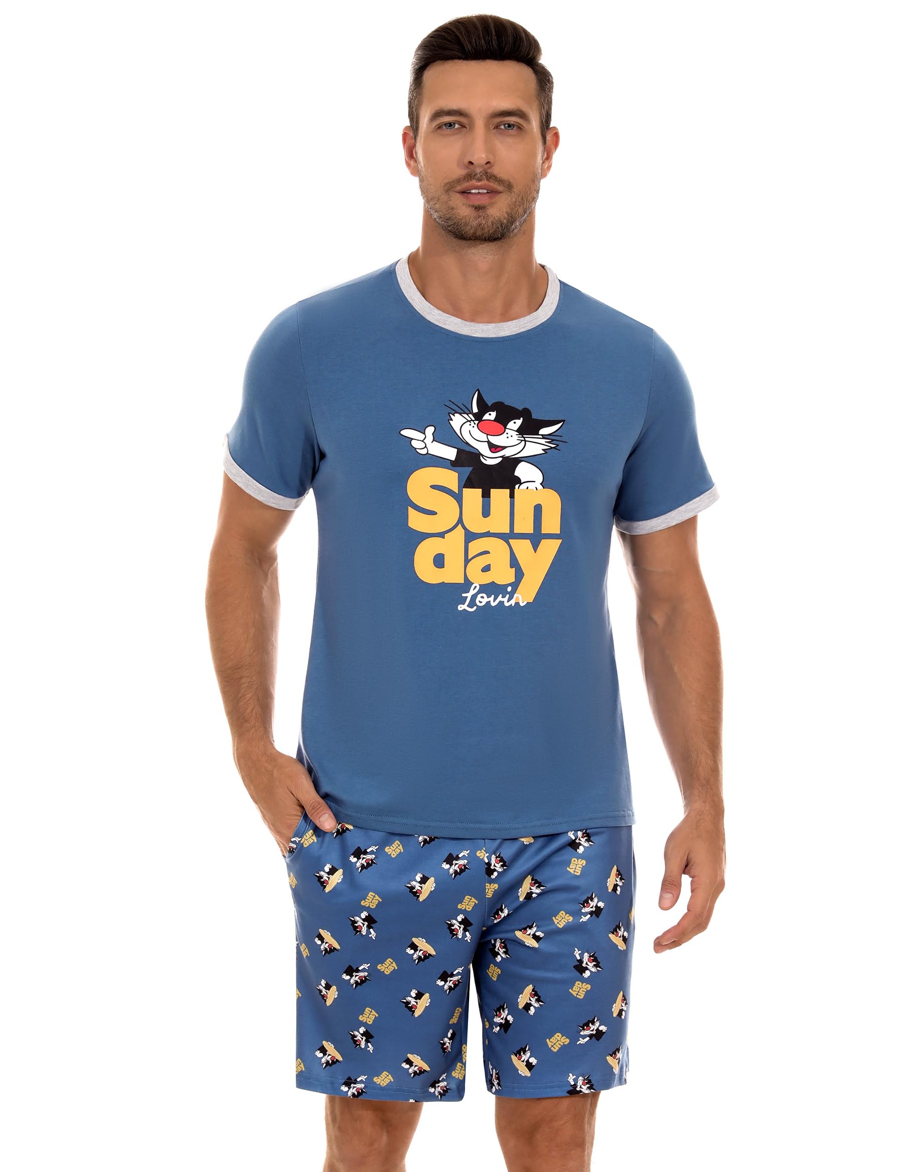 Demegimi Pijama Hombre Algodón Pijama de Verano Divertido Hombre Conjunto Pijama Hombre Verano Manga Corta Pijamas para Mangas Camiseta Cortas con Bolsillos