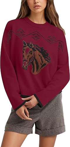 AIHUKOCY Women Horse Graphic Crew Neck Sweater Animal Graphic Long Sleeve Knit P