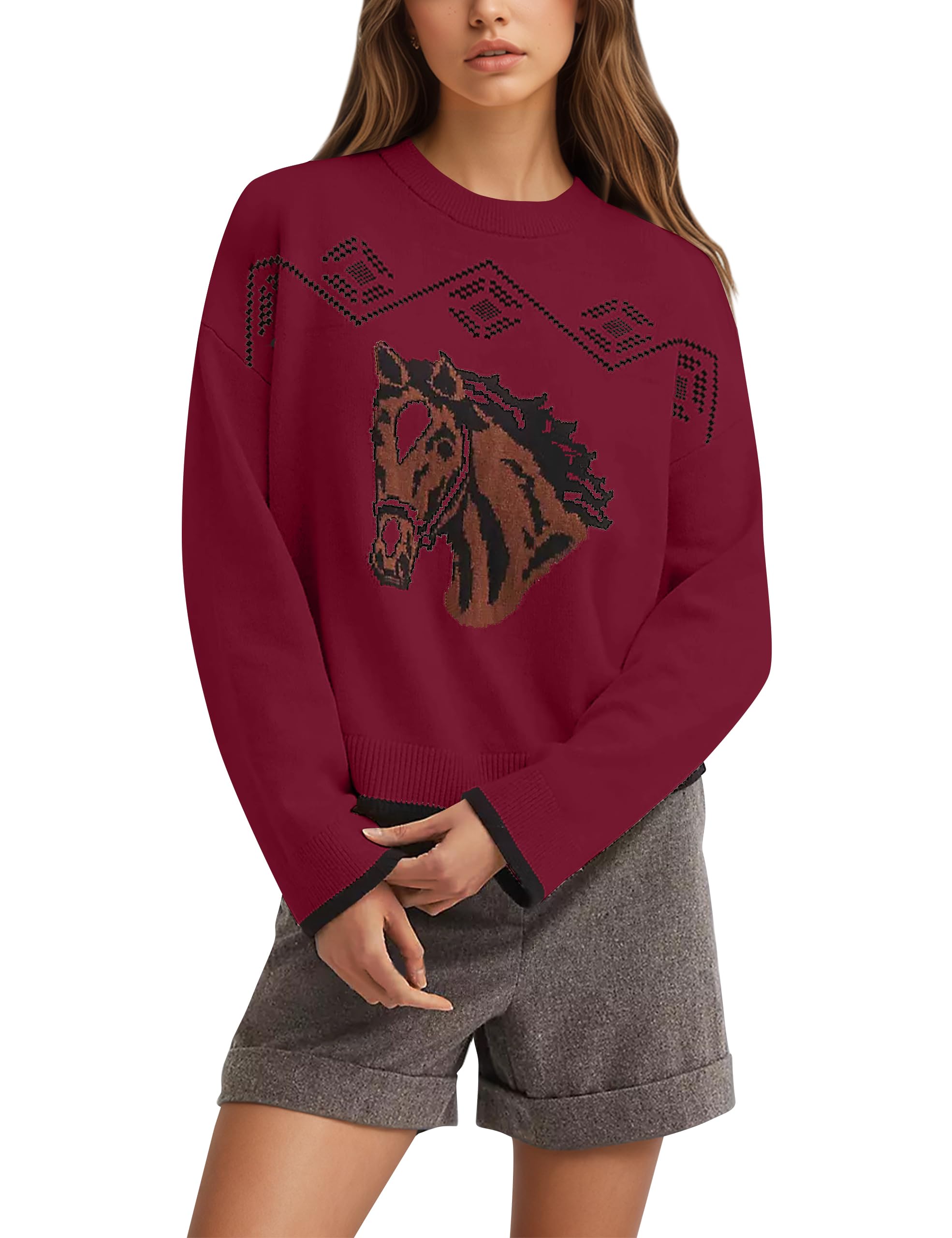 OLAPTA Women Horse Print Graphic Crewneck Sweaters Tops Long Sleeve Loose Knit Lightweight Cute Casual Fall Pullover Clothes