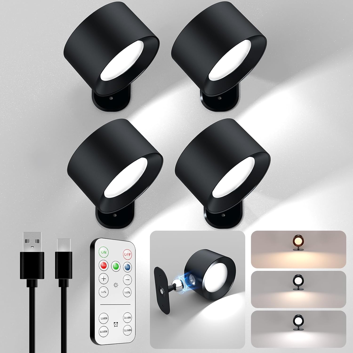 LED Wall Mounted Lights, Rechargeable Battery Operated Wall Sconces Lamp 3 Colors Temps & Remote and Touch, 360°Rotation Dimmable Wall Lights for Study Bedroom Reading Bedside (4-Pack)