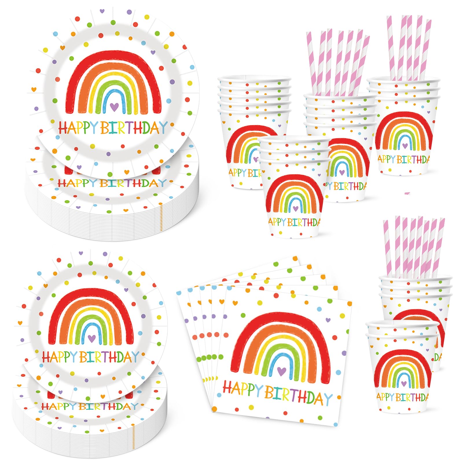 fanquare 100Pcs Colorful Rainbow Dots Happy Birthday Party Tableware Set