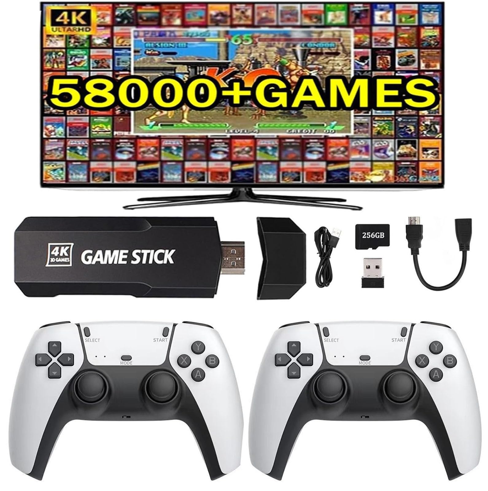 X2 Ultra Retro USB Flash Drive, 256 GB, 58000 Classic Games, 4K HDMI Output, Plug & Play, Dual Wireless Controller for TV Games (64G