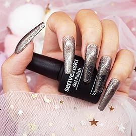 senvenski Black Grey Gel Nail Polish Kit, Grey Magnetic Cat Eye Gel Polish, UV/LED Soak Off Nail Art Set with Black Glitter Colors | Manicure Gift Kit for Women Salon Home Use (CS2-011)