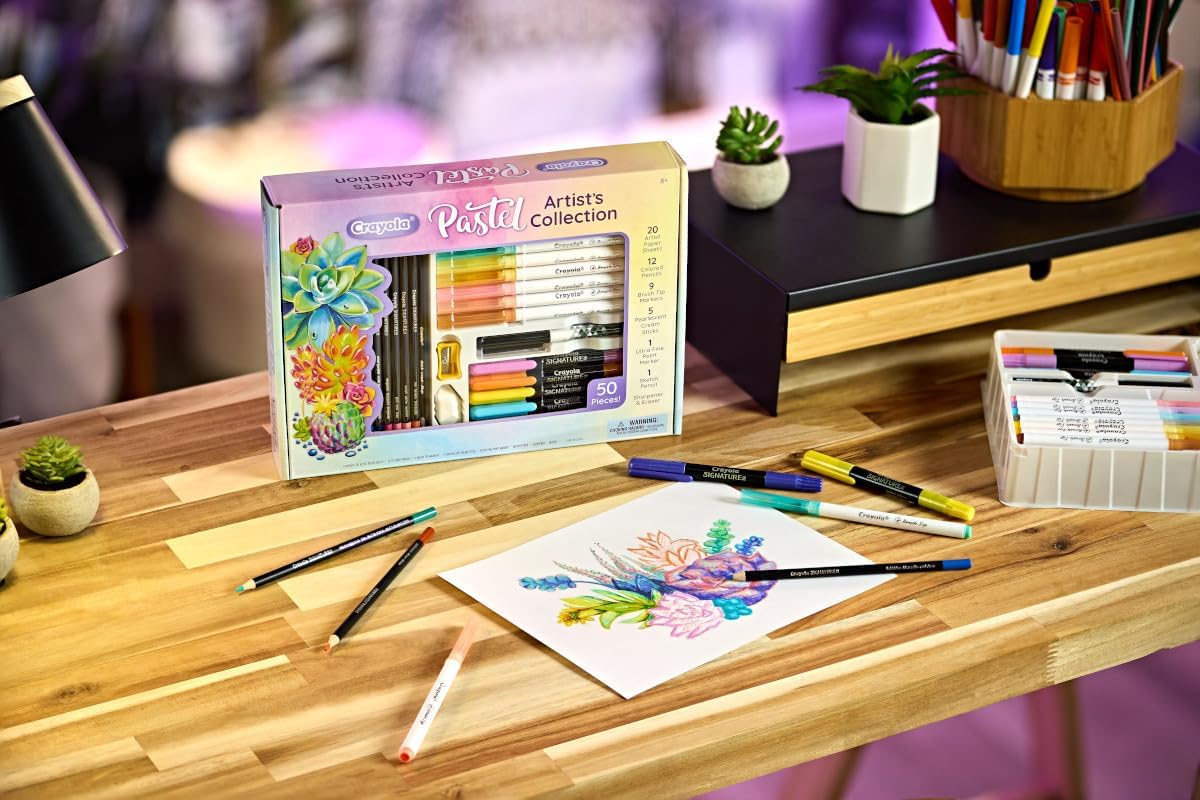 Crayola Pastel Colors Art Kit (50pcs), Kids Art Set with Pastel Markers & Pencils, Gift for Kids, 8+