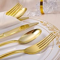 Vista 4 de Cubiertos de plástico dorado con servilletas, 100 paquetes de servilletas y cubiertos preenrollados, juego de cubiertos desechables envueltos