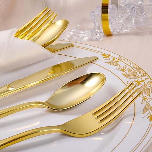 Vista 4 de Cubiertos de plástico dorado con servilletas, 100 paquetes de servilletas y cubiertos preenrollados, juego de cubiertos desechables envueltos