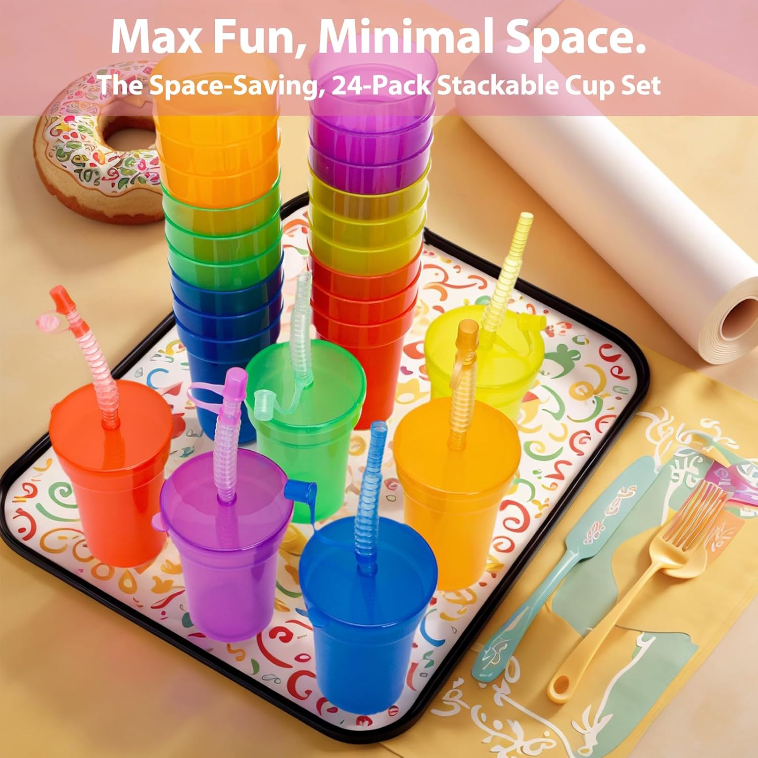 24 Pcs Plastic Party Cups with Lids and Straws, 12 Oz Colorful Neon Sipper Cup, Leak Proof Tumbler Cups Bulk, Reusable Party Favor Cups for Christmas, Events Celebrations Supplies, 6 Colors - Image 8