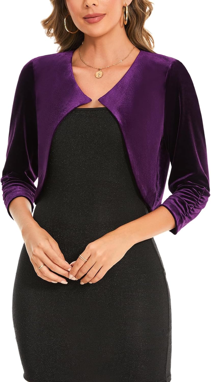 MINTLIMIT Women Velvet Shrug Bolero Open Front 3/4 Ruched Sleeve Evening Dressy Cropped Cardigans with Hook and Eye