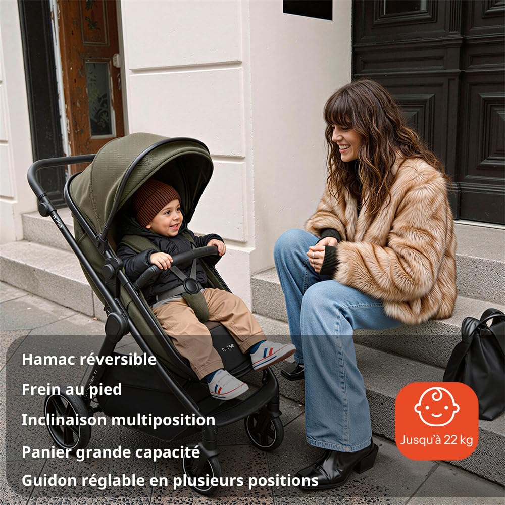 Nurse Wander C Trio Poussette Bébé 3 en 1, Nacelle Convertible en Hamac et Siège Auto i-Size, Pliage Compact, avec Accessoires, Vert