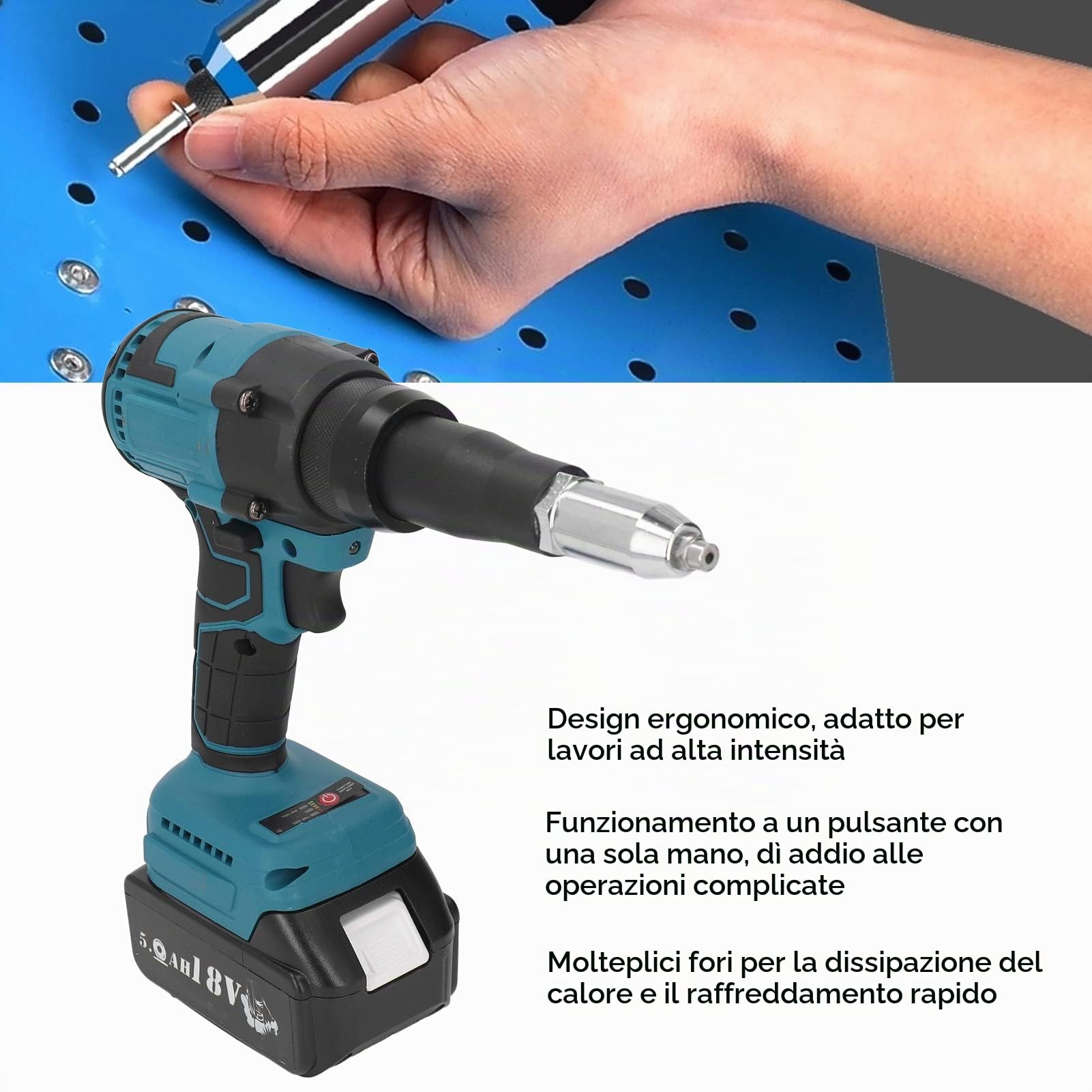 Pistola per Rivetti a Batteria 18V, Pistola per Rivetti Elettrica Senza Spazzole a LED Strumento Manuale Automatico per Rivetti a Dado per L'industria (Senza batteria)