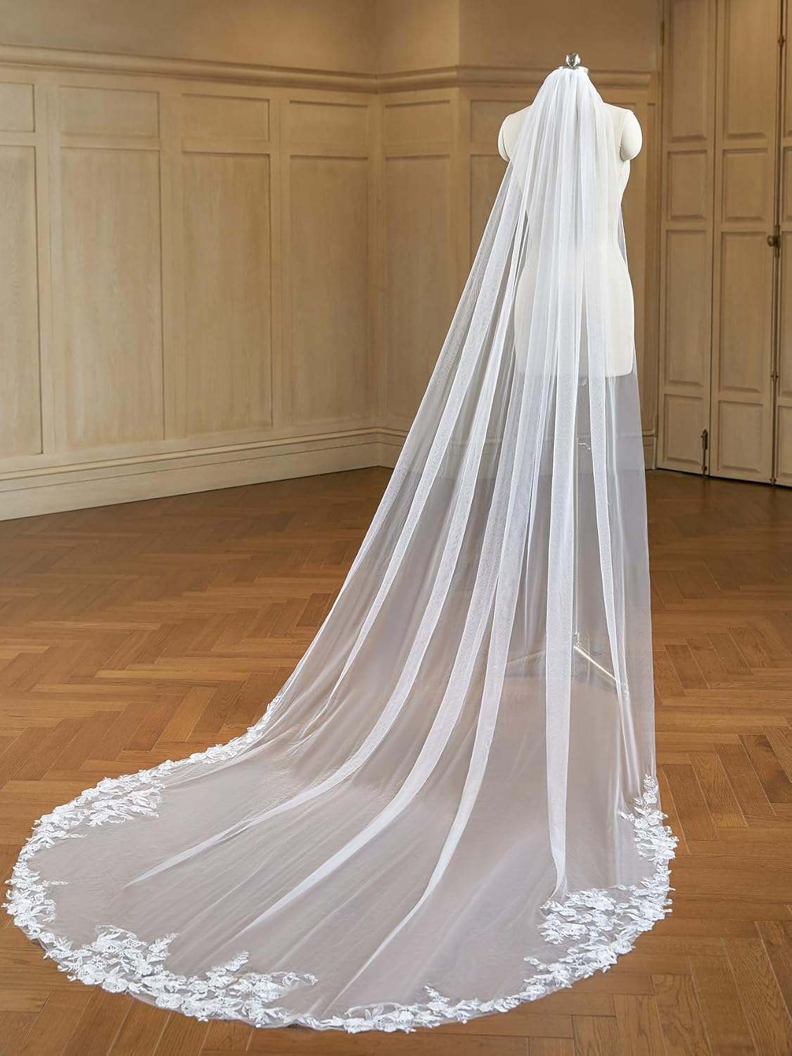 Cathedral Length Wedding Bridal Veil with Comb Lace Floral