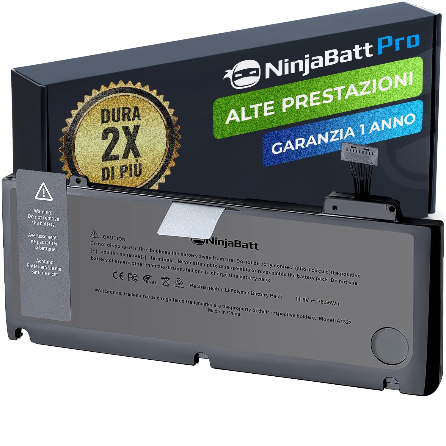 NinjaBatt batteria A1278 A1322 per MacBook Pro 13" [2009 2010 2011 2012 Years] - High Performance [76.56Wh/11.6V]