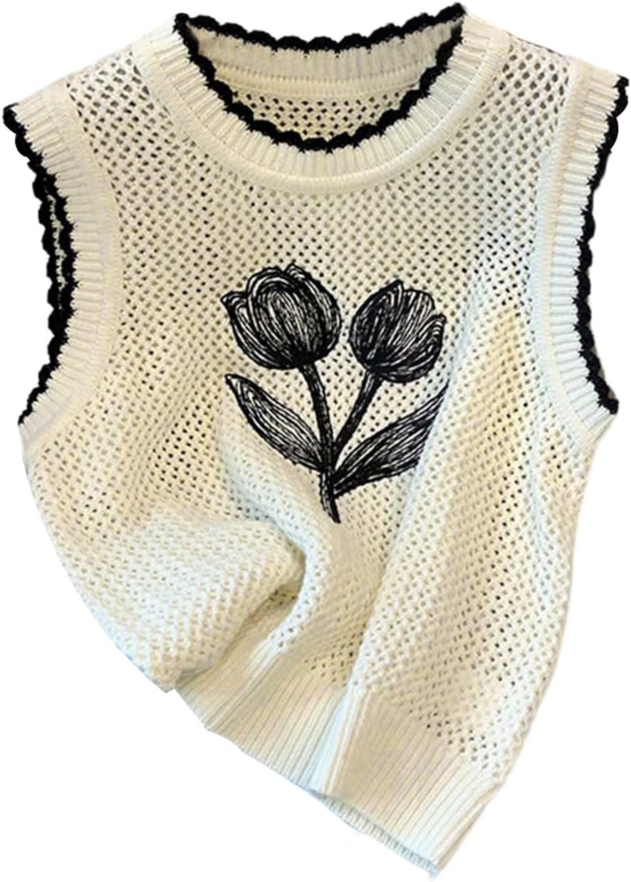 GORGLITTER Women's Crochet Tank Tops Floral Print Crew Neck Sleeveless Lightweight Sweater Vest Cute Summer Knit Tops Large Beige