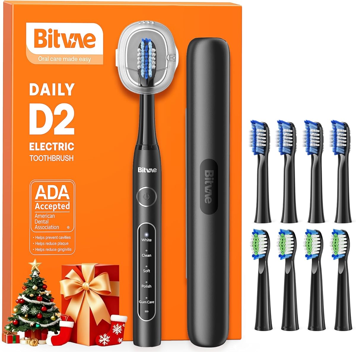 Bitvae D2 Ultrasonic Electric Toothbrush for Adults and Kids, Electric Toothbrush with Rechargeable Power, 8 Toothbrush Heads and 5 Modes, Black