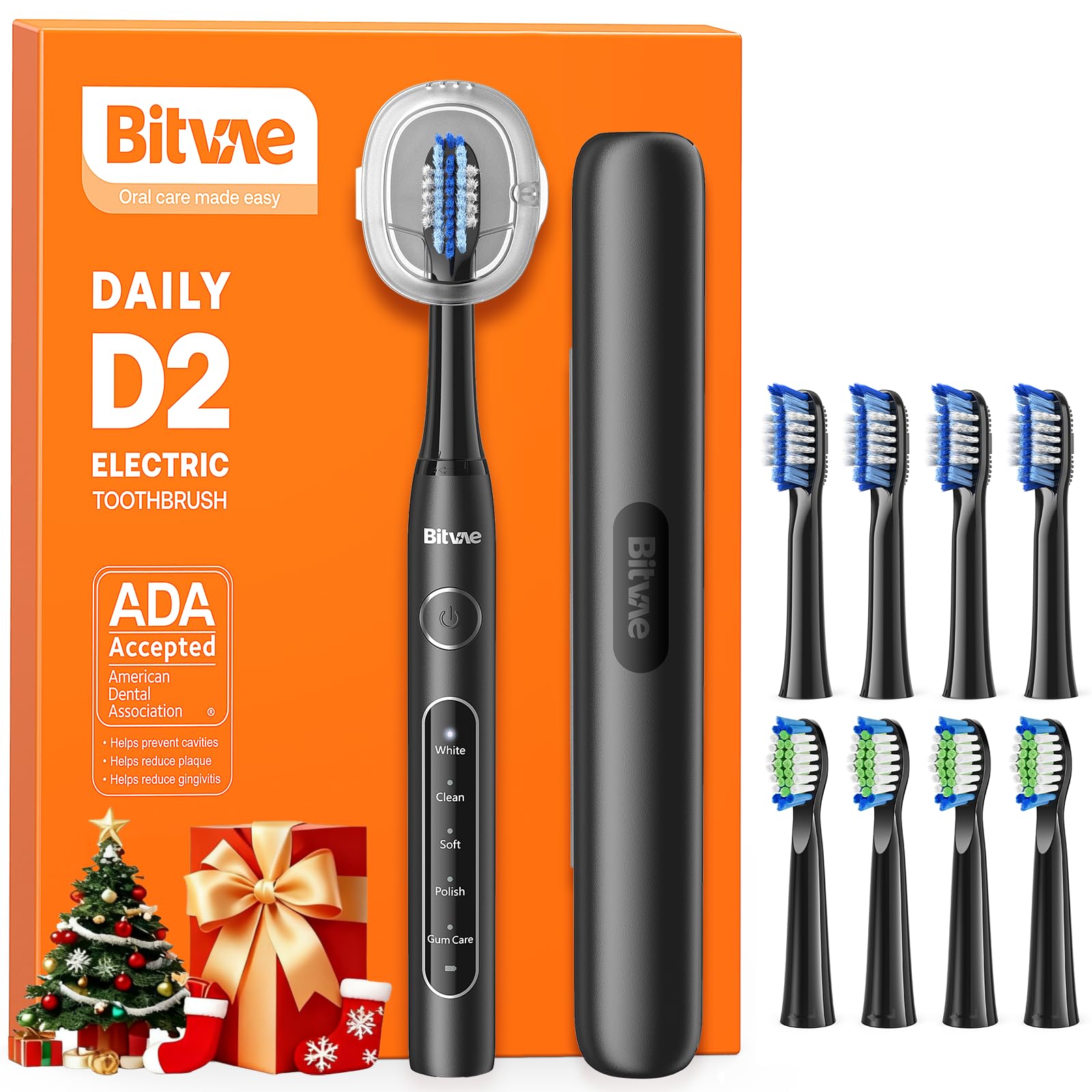Bitvae D2 Ultrasonic Electric Toothbrush for Adults and Kids, Electric Toothbrush with Rechargeable Power, 8 Toothbrush Heads and 5 Modes, Black