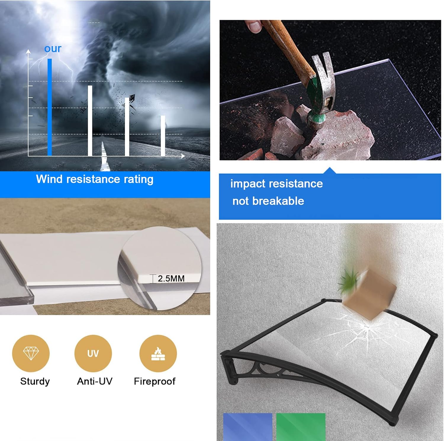 Modern Door Awning,Metal Window Awning,Porch Awning Rain Shelter Cover,Rain Snow Protection,Transparent Door Canopy/Black Bracket,Garden Canopy for Front/Back Door Patio (80x110cm/31.5" x43)