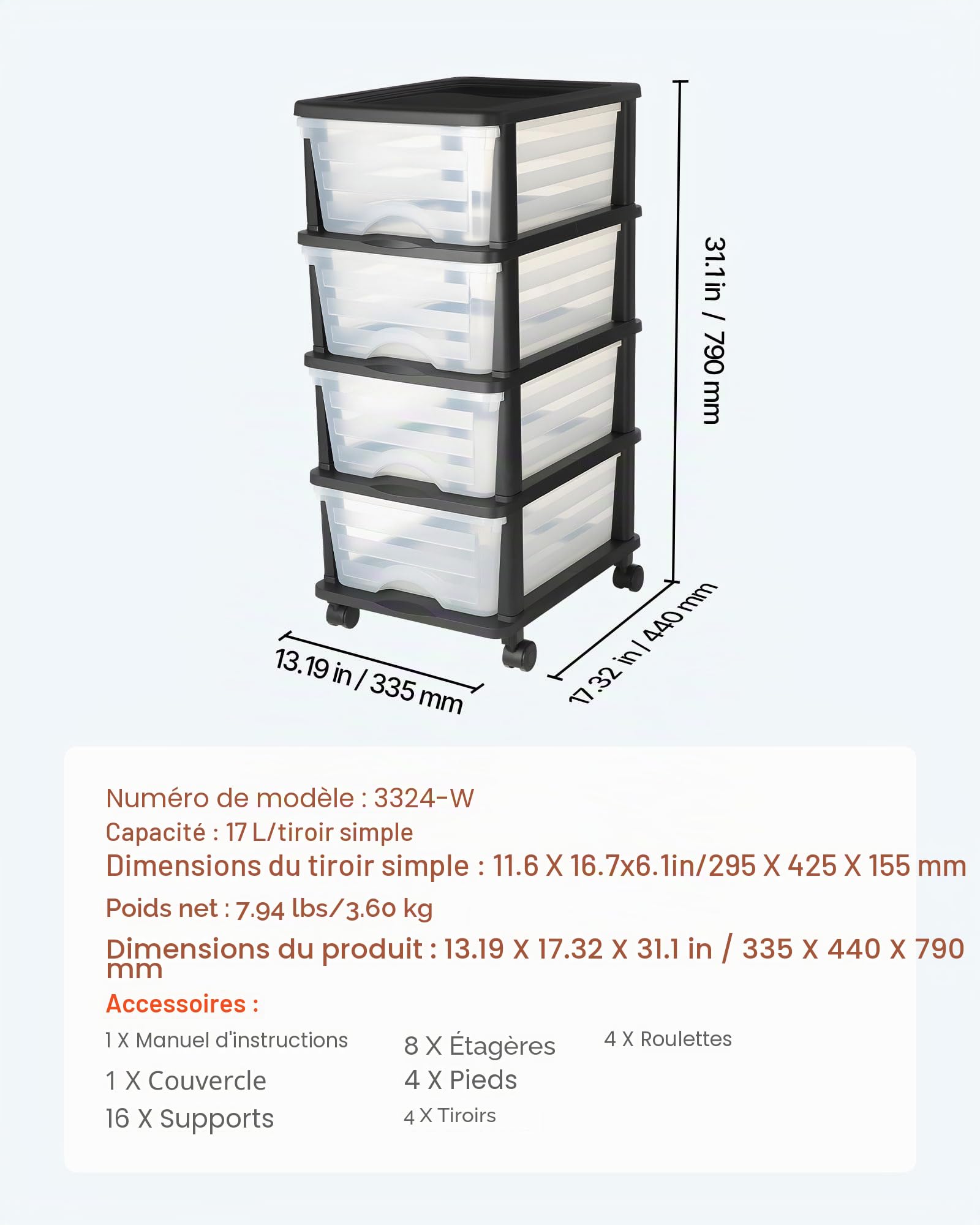VEVOR Chariot de rangement à 4 tiroirs en plastique, tour de rangement à roulettes, organiseur mobile à 4 niveaux, bac transparent pour fournitures de bureau, salles de bricolage et salles de classe