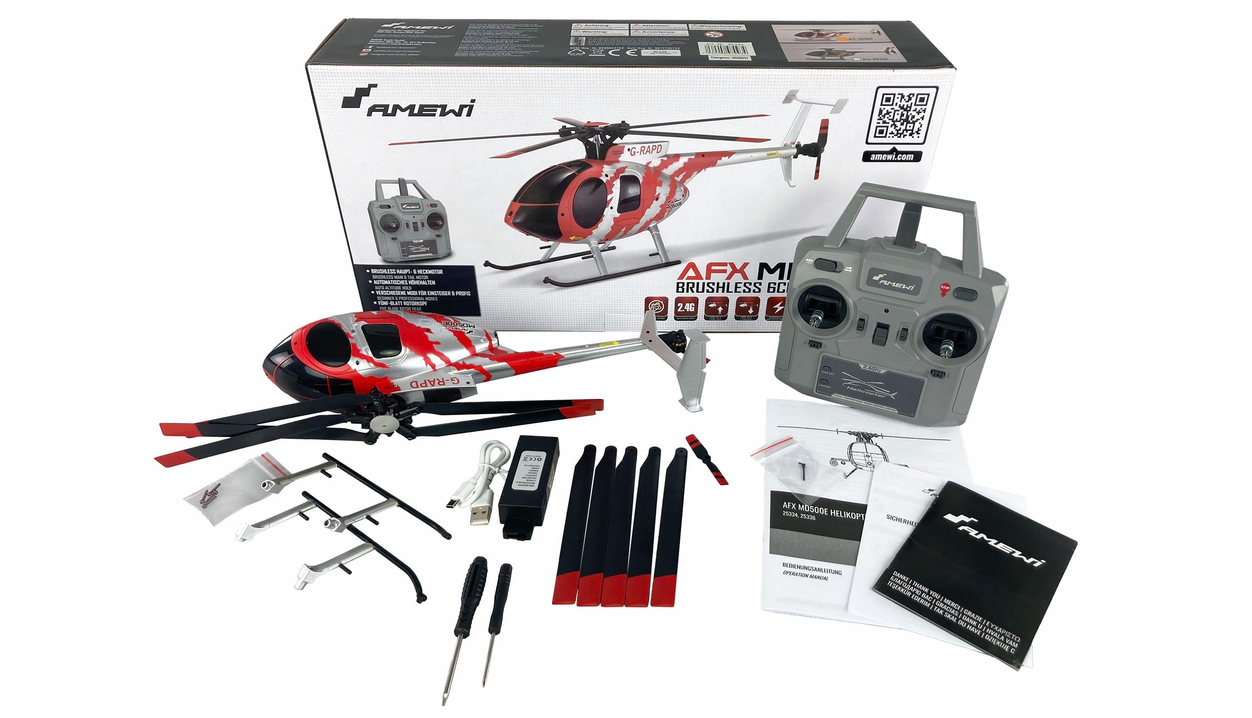 Amewi 25334 AFX MD500E Zivil Brushless 4-kanałowy helikopter 325 mm 6G RTF czerwony/srebrny