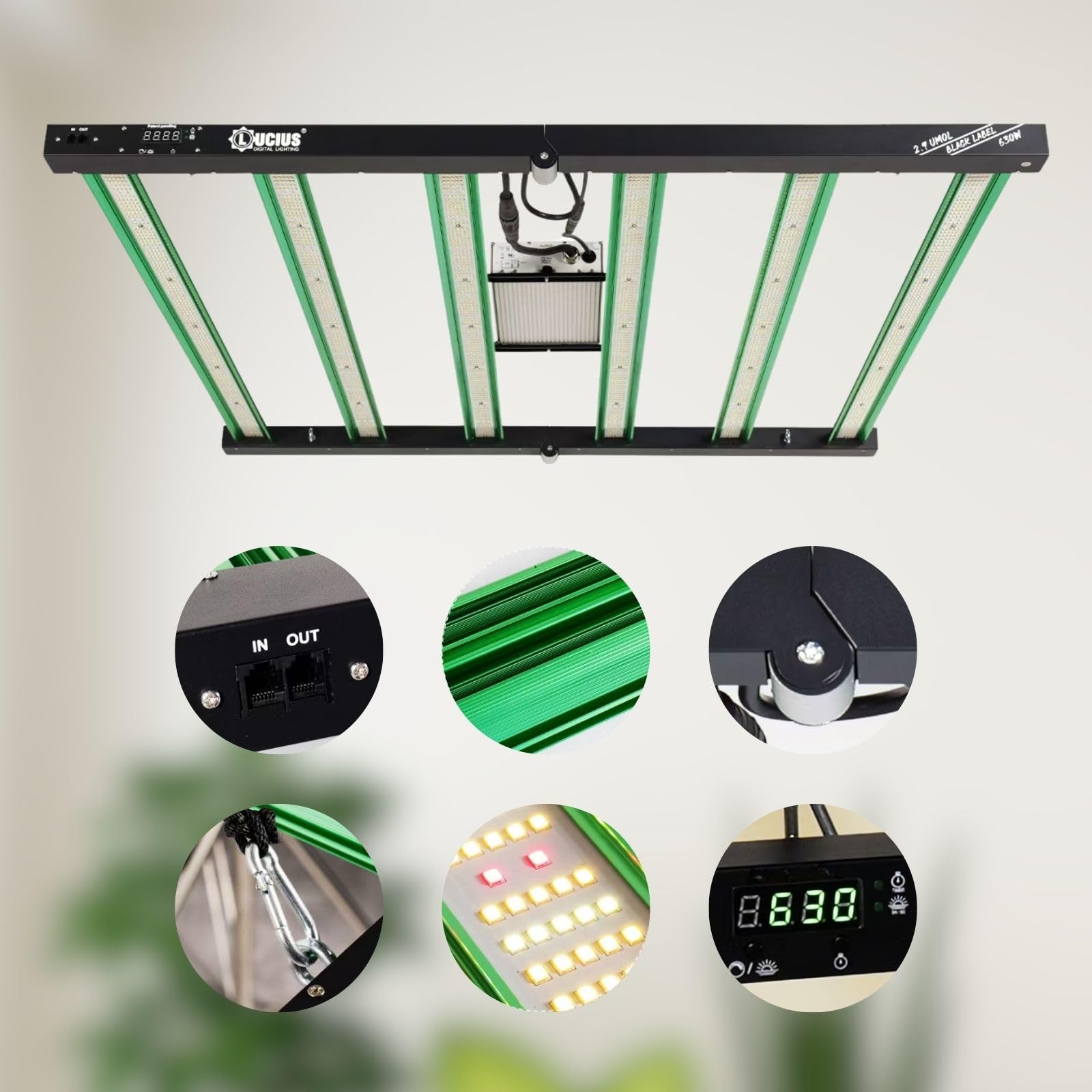 LUCIUS - Lámpara LED de 630W 2.9 Master Control - Cultivo espectro completo Crecimiento/Floración, UV IR, Función Anochecer/Amanecer, Regulable, Invernaderos y plantas interior, hortalizas y flores