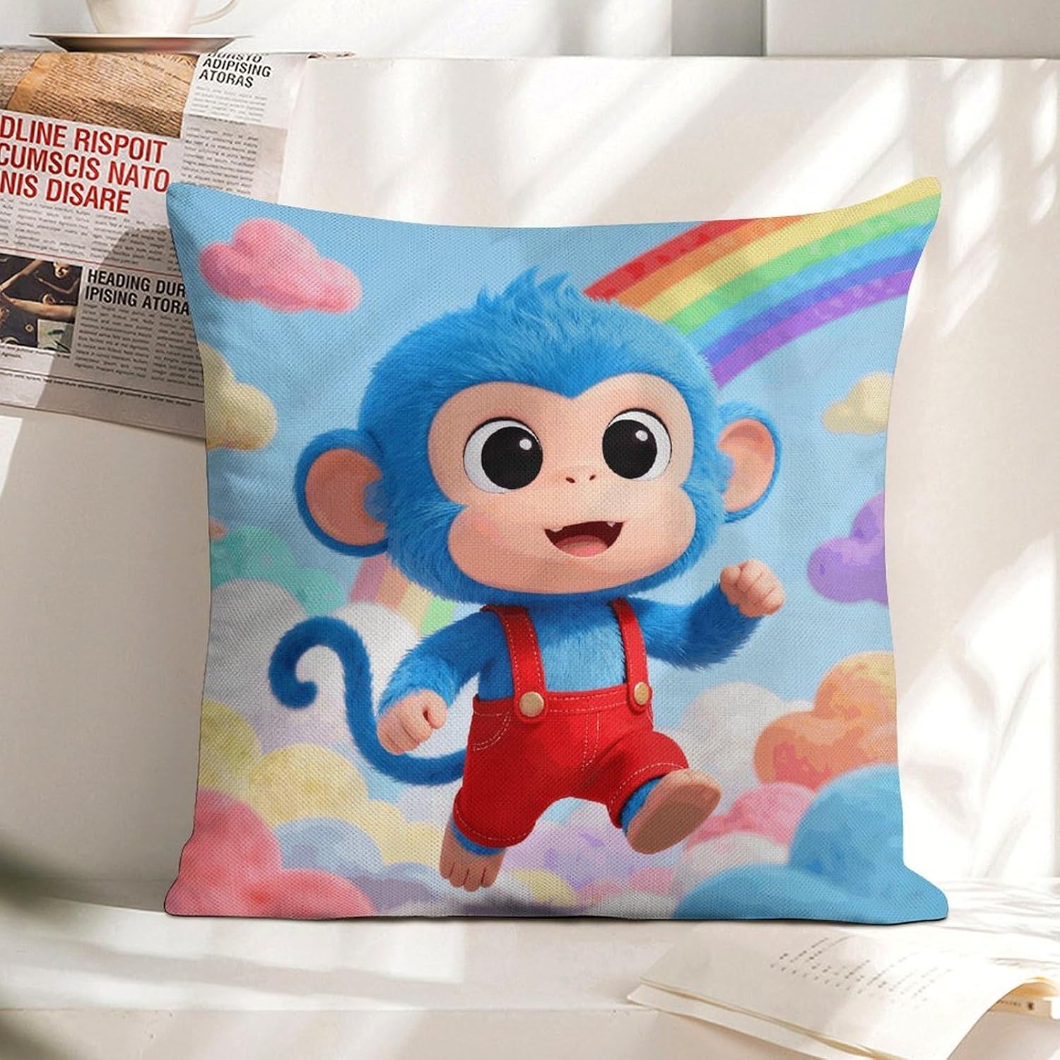 Blue Monkey Pillow Protectors Cute Waterproof Pillow Cover Soft Skin-Friendly Cushion Case Decorative Square Cushion Cover For Couch Sofa Bed Living Room Bedroom