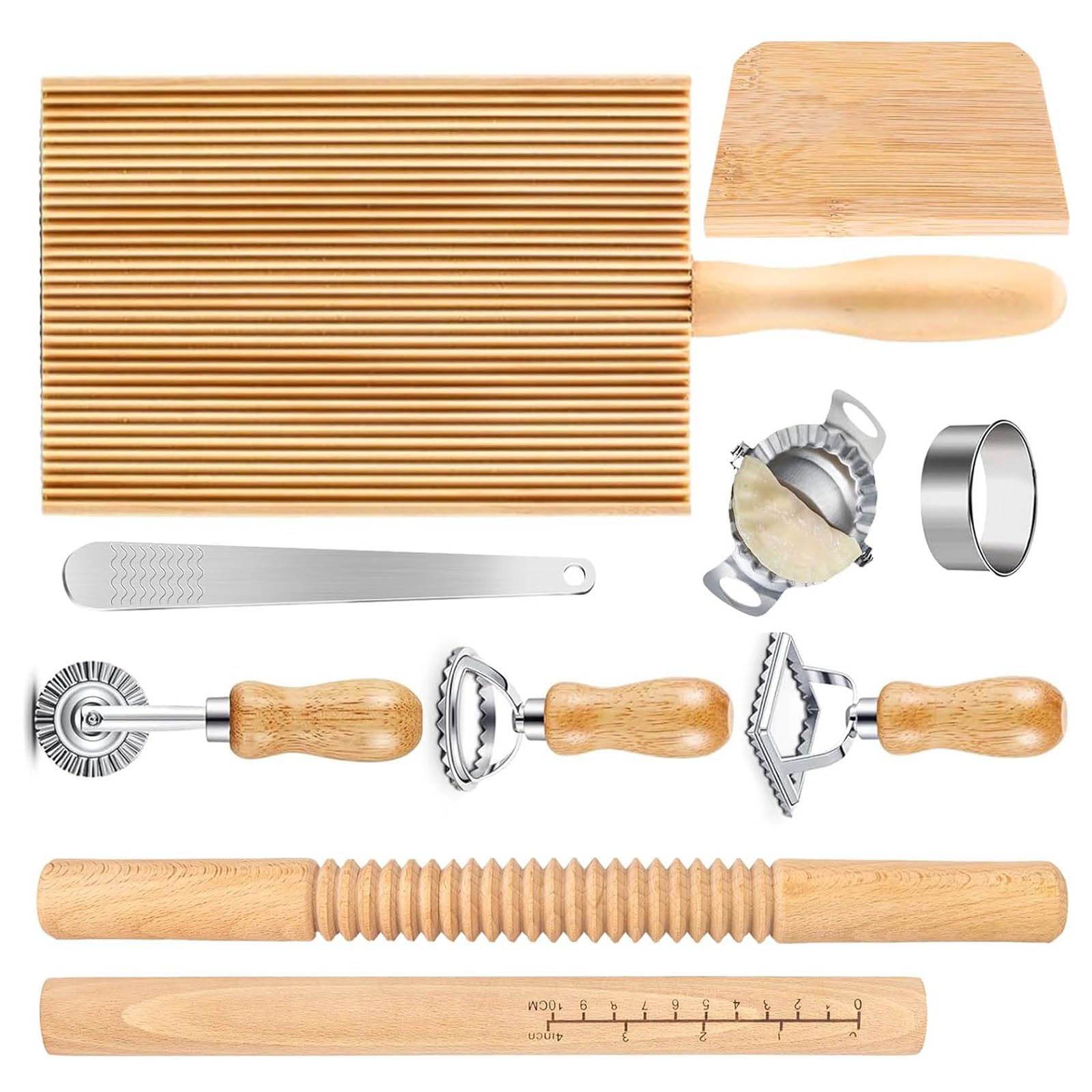 Tsophreniq Pastas Making Tool Set Wood Threaded Rolling Pin Gnocchi Board Dough Scraper Dumpling Maker Ravioli Cutter for Pastas Measuring Rolling Pin