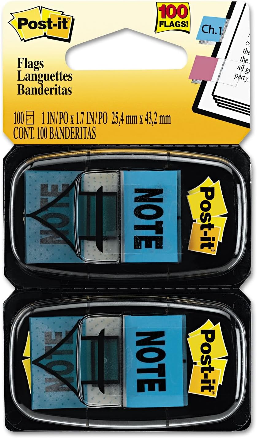 Postit Message Flags, Note, Blue, Two 50Flag Dispensers