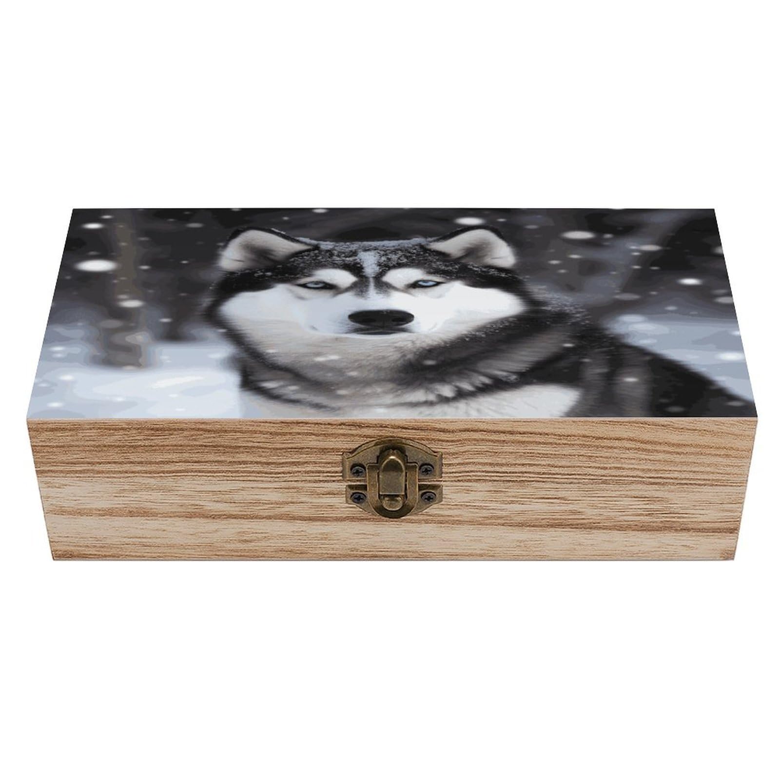 JTREHY Husky In Snow Dog Wooden Keepsake Box Vintage-Style Wood Keepsake Case with Hinged Lid Solid Wood Boxes Beautifully Memory Treasure Case Vintage-Style Wooden Storage Box