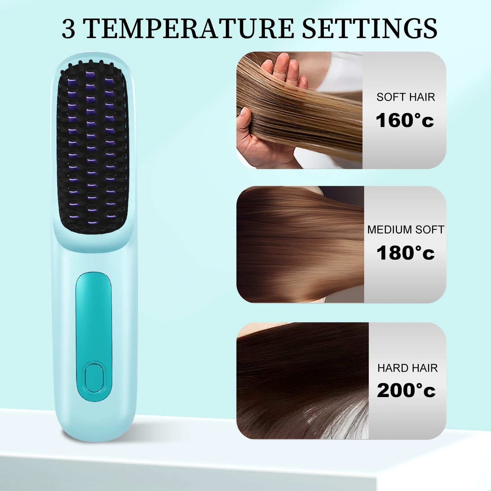 Go Brush Pro 2026, Portable Straightener Brushs for Travel, with LCD Temperature Display, Fast Heating Cordless Mini Hair Brushs (Blue) - 4