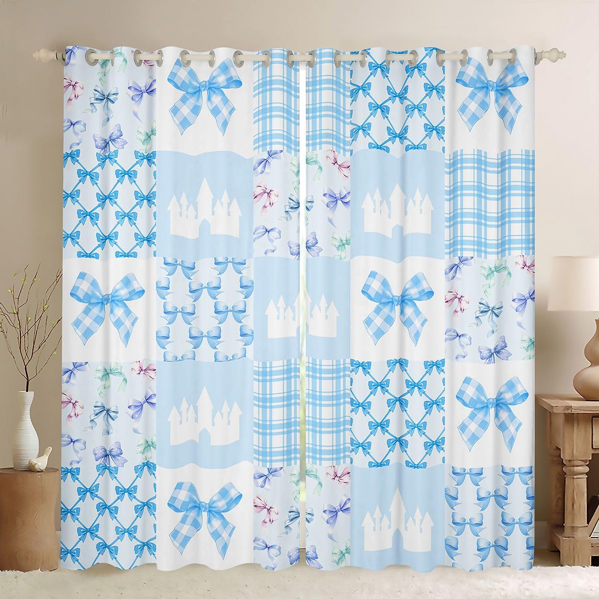 Homewish Kawaii zasłony okienne z kokardą, 132 x 160 cm, 2 zestawy paneli – wstążka kokarda zasłony zaciemniające dla nastolatków, uroczy zamek, zasłony okienne, muszka do sypialni