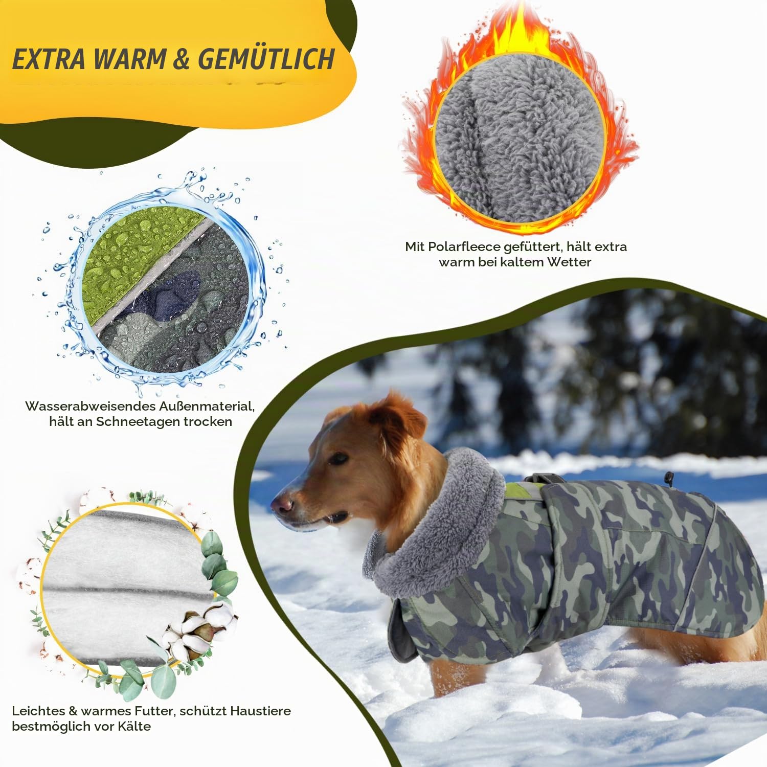 SlowTon Hundemantel Winter, wasserdichte verstellbare Fleecefutter Hundejacke mit Turtleneck und Kordelzug, reflektierender Wintermantel für kleine mittlere und große Hunde im Freien