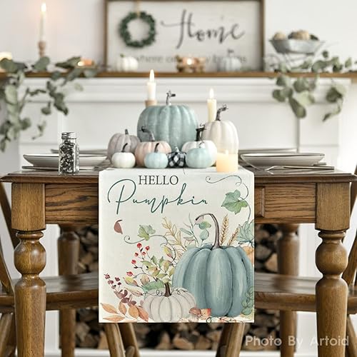 Miniatura 2 de Artoid Mode Aqua Hello - Camino de mesa de otoño con hojas de calabaza, decoración de mesa de comedor de cocina de otoño de temporada para