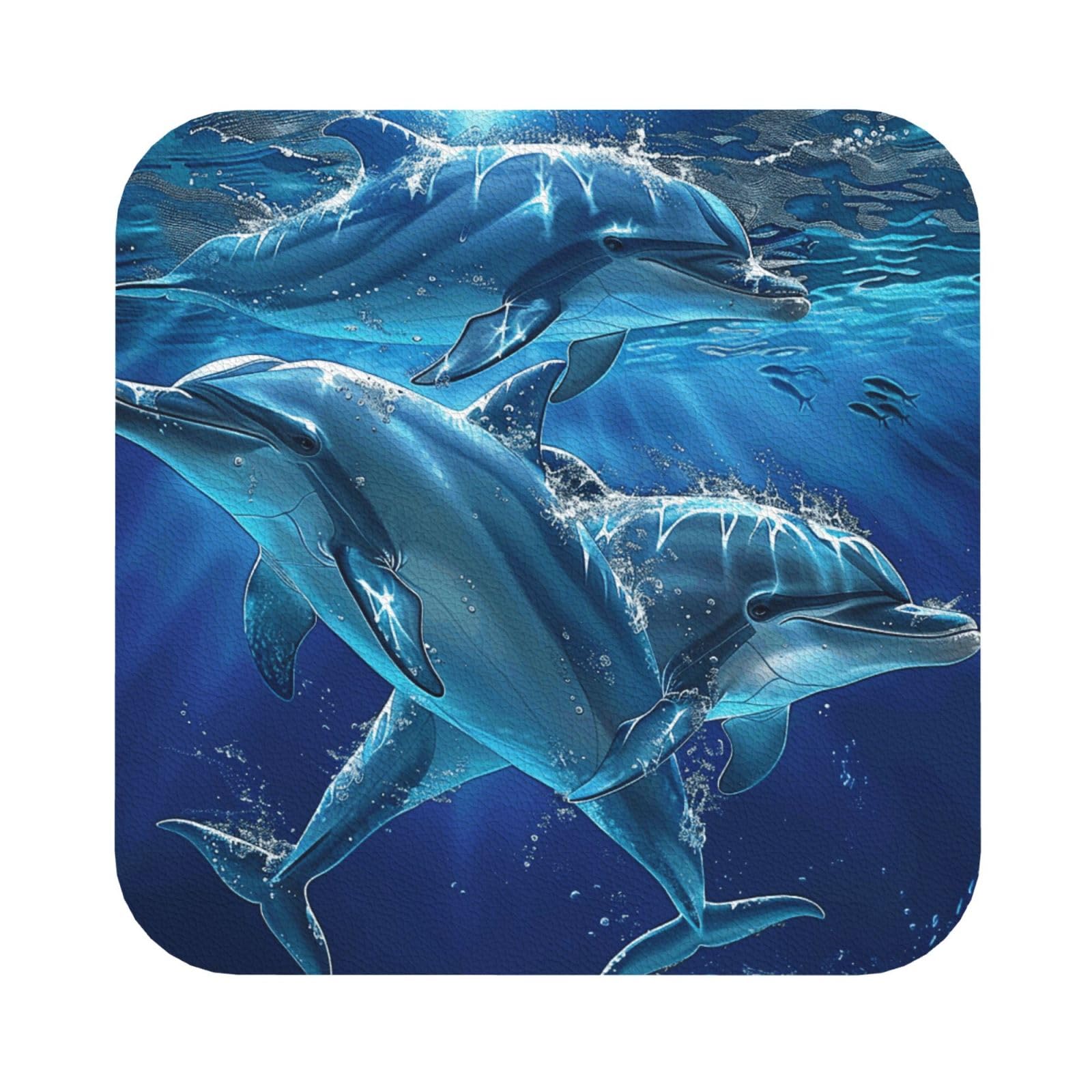Dolphins Printed Coasters for Drinks, Leather Coaster Sets of 4, Funny Coffee Cup Coaster, Absorbent Coaster for Home and Office Kitchen Bar Square