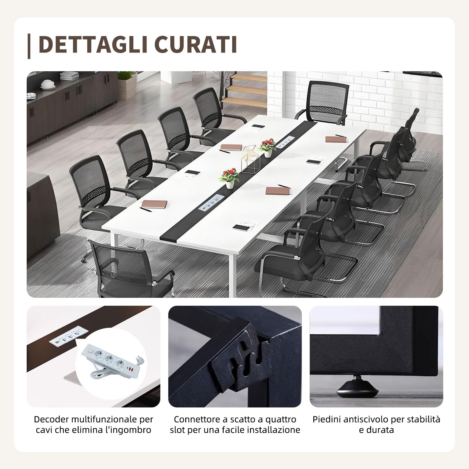 Tavolo Riunioni Moderno con Passacavi Integrato, Tavolo da Conferenza Rettangolare in Metallo Nero per 8–12 Persone, Ideale per Ufficio, Sala Conferenze e Seminari