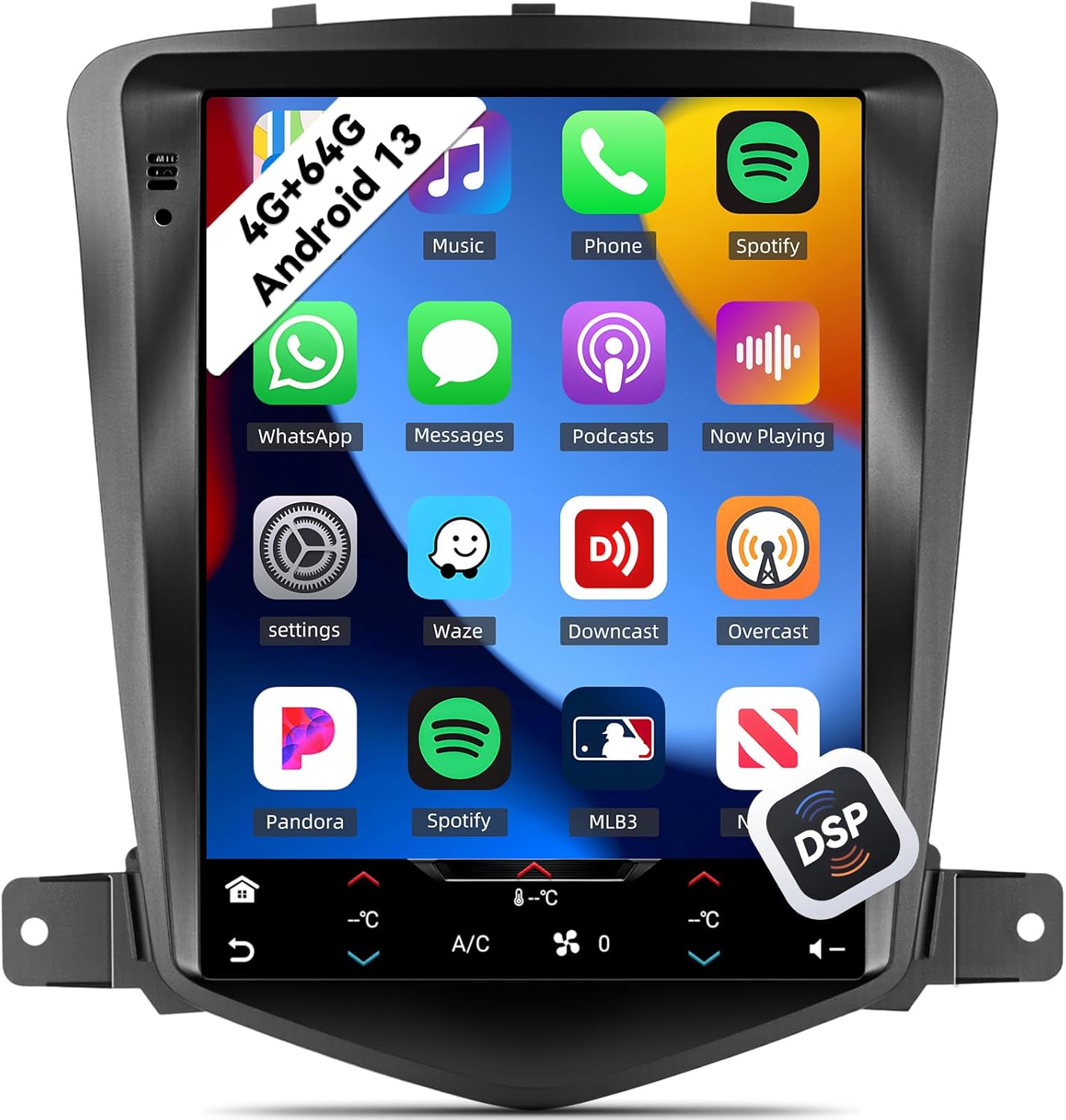 The 9.7-inch touchscreen display of the UNITOPSCI Android car stereo showing various application icons.