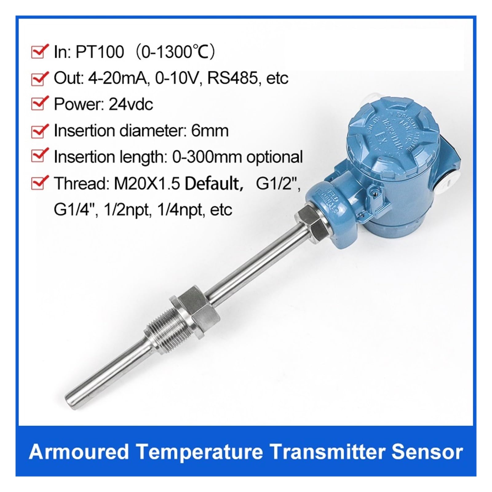 Sensore di Temperatura del Carburante Antideflagrante 0-5V Trasmettitore di Temperatura PT100(0-1000 Degree 4-20mA,50mm)